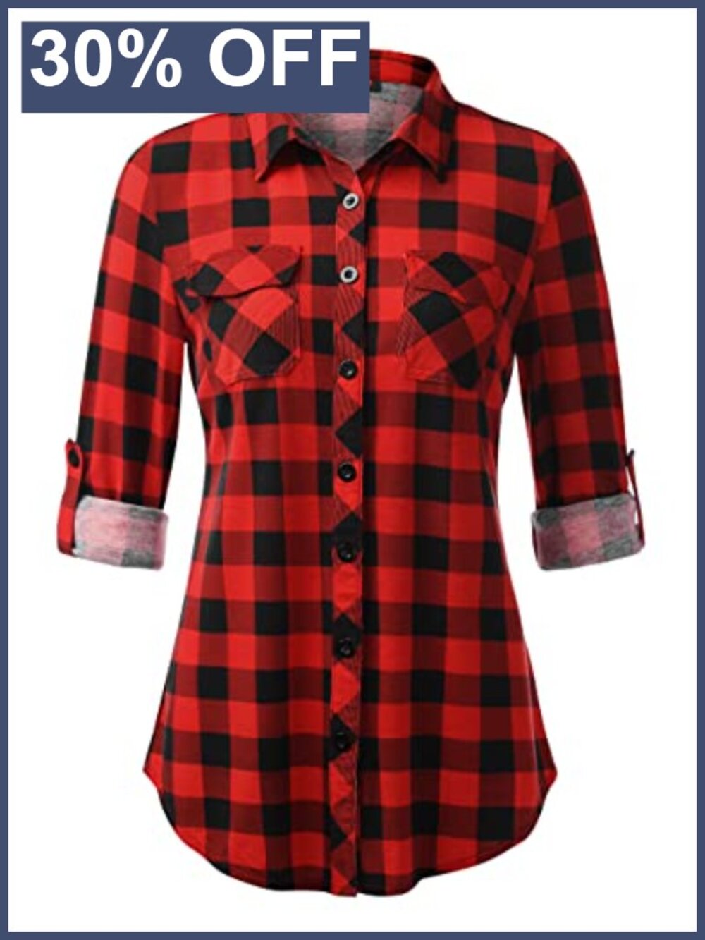 Women's Soft Stretchy Knit Plaid Button Down Blouse Roll Up Long Sleeve